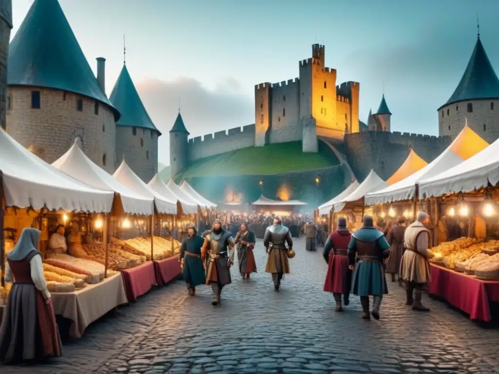 Un bullicioso mercado medieval con vendedores, caballeros y campesinos, frente a un castillo y colinas