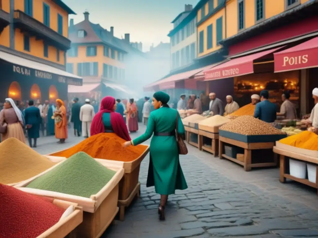 Un bullicioso mercado en una plaza histórica, con intercambios culturales y riqueza visual