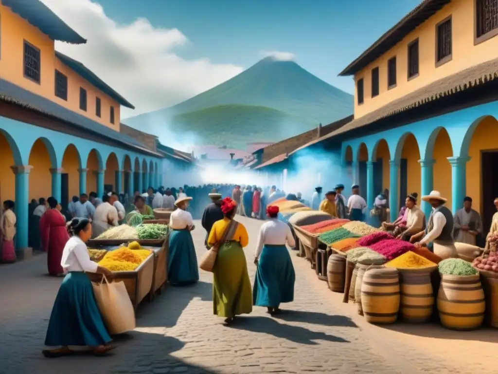 Un bullicioso mercado en un pueblo colonial latinoamericano