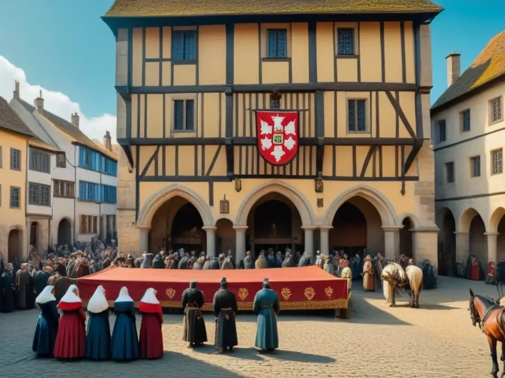 Un bullicioso pueblo medieval con un tapiz 'De la Cruz' en un edificio de piedra