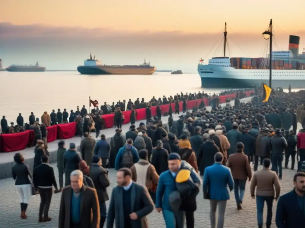 Un bullicioso puerto vintage con barcos llegando de tierras lejanas, multitudes de migrantes llevando sus pertenencias, y una variada gama de personas intercambiando bienes e historias, simbolizando el impacto de las migraciones en los apellidos y la herencia cultural