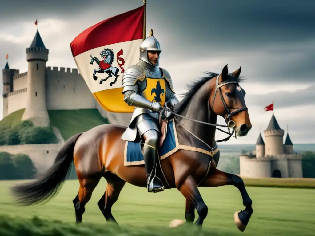 Un caballero medieval en armadura completa cabalga un majestuoso corcel, portando un estandarte con un escudo de armas que simboliza valentía y honor, frente a un castillo medieval y un cielo dramático