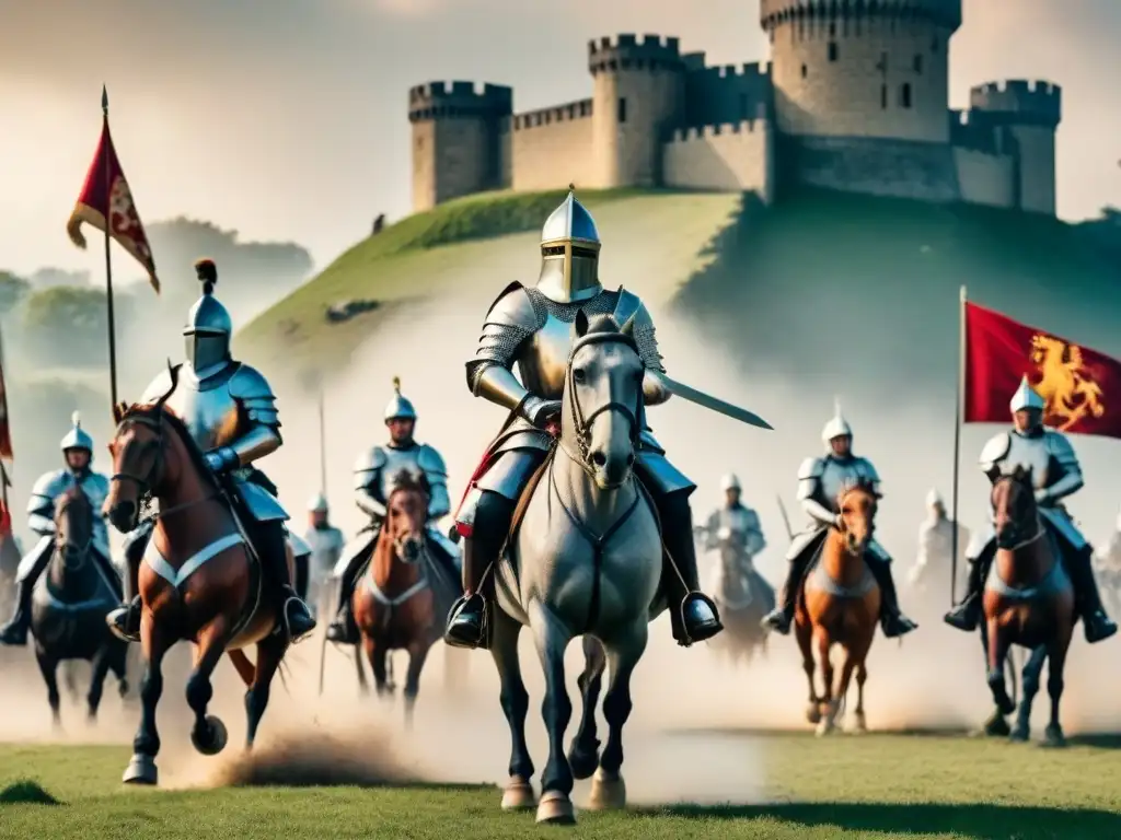 Caballeros en armadura cargan en combate en un campo de batalla medieval, con un castillo al fondo