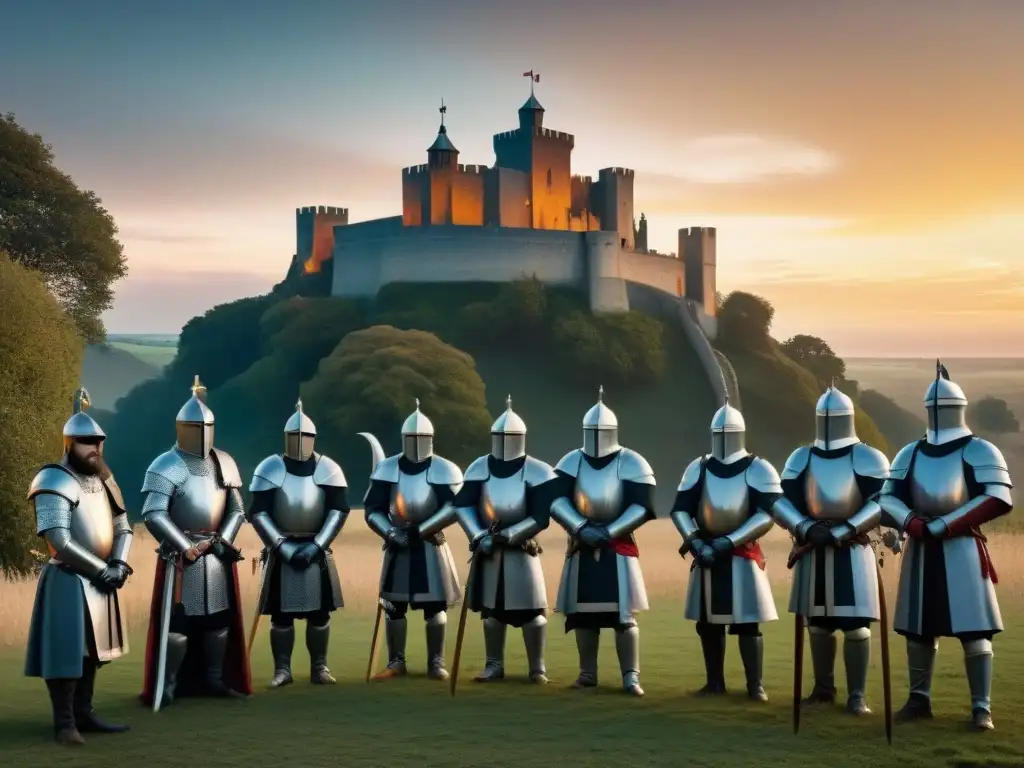 Caballeros de órdenes religiosas militares frente a un castillo medieval al atardecer