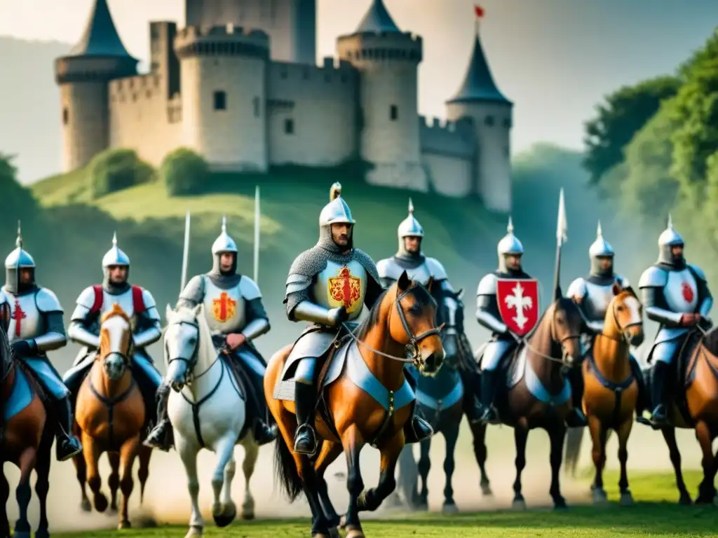 Intrépidos caballeros Ulloa en una batalla medieval, cabalgando hacia un castillo majestuoso