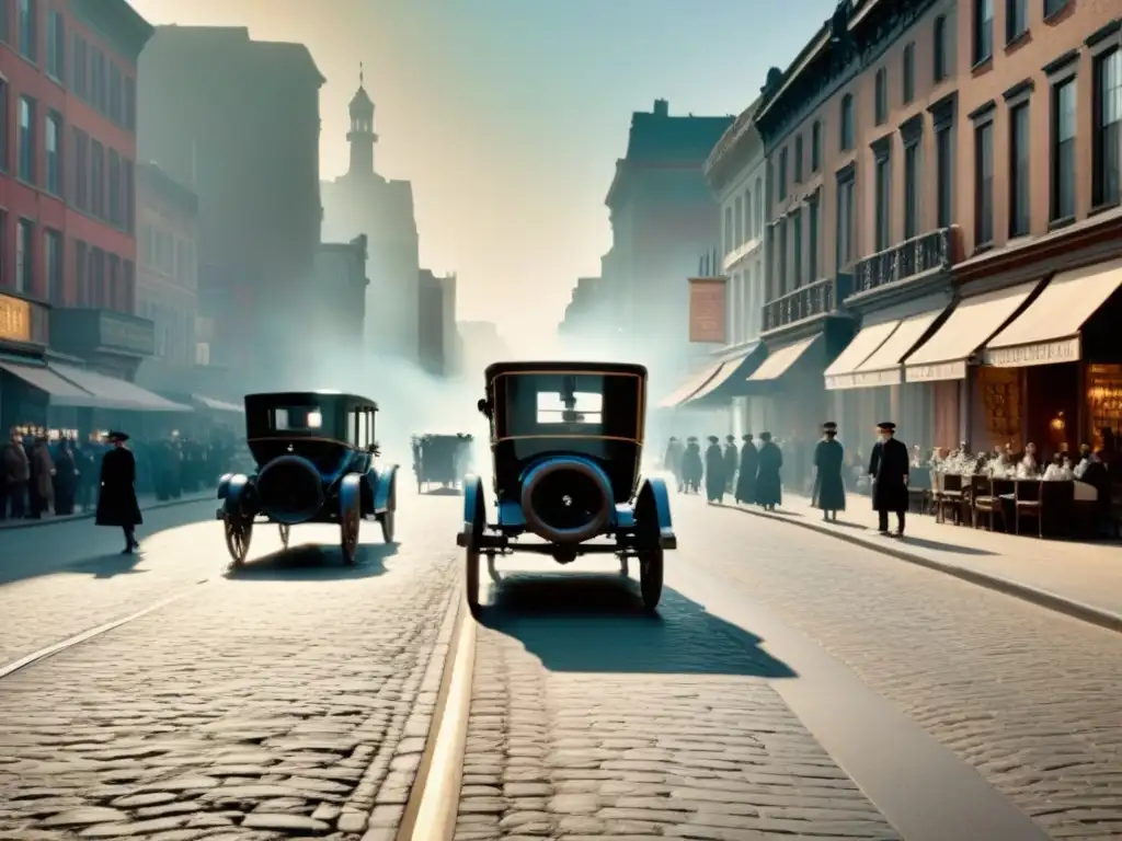 Una calle bulliciosa de principios de 1900 con peatones y carruajes