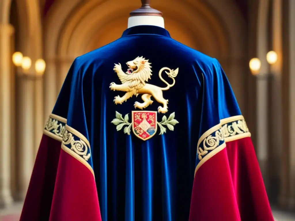 Camisetas con escudos de armas bordados en terciopelo, detallados y elegantes, en un salón medieval