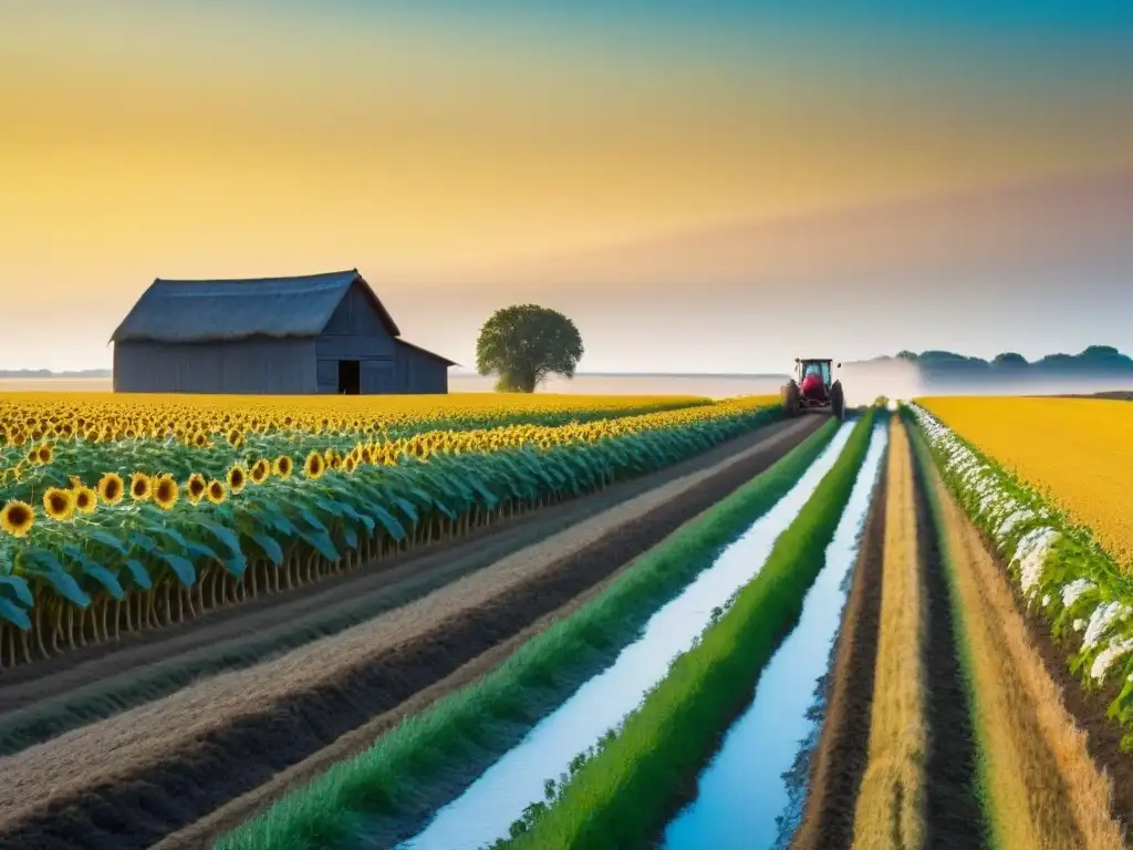 Un campo agrícola idílico con una granja vintage rodeada de girasoles y cultivos