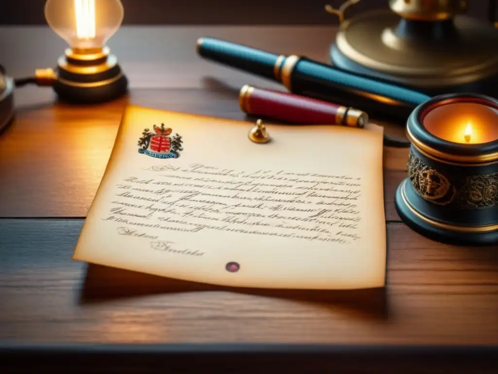 Carta ancestral: caligrafía y sello de cera en escena nostálgica Una carta antigua con caligrafía delicada y sello de cera familiar en un escritorio de madera, rodeada de plumas, anteojos y fotos antiguas