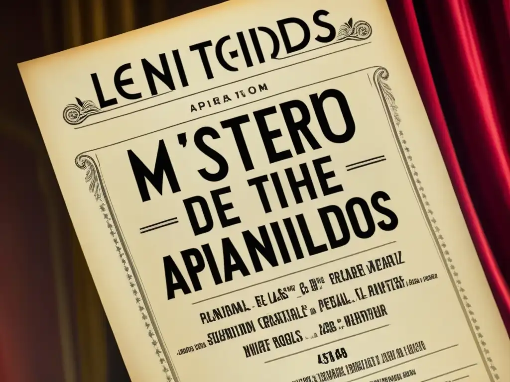 Un cartel teatral vintage detallado en 8k, con la obra 'El Misterio de los Apellidos', rodeado de máscaras teatrales clásicas