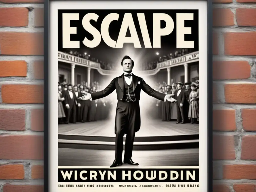 Un cartel vintage en blanco y negro muestra a Harry Houdini realizando un acto de escape, rodeado por un público maravillado en un teatro histórico