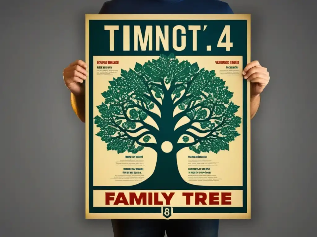 Un cartel vintage detallado que muestra el árbol genealógico de una familia de superhéroes, con nombres como 'Parker,' 'Wayne,' 'Kent,' y 'Prince'