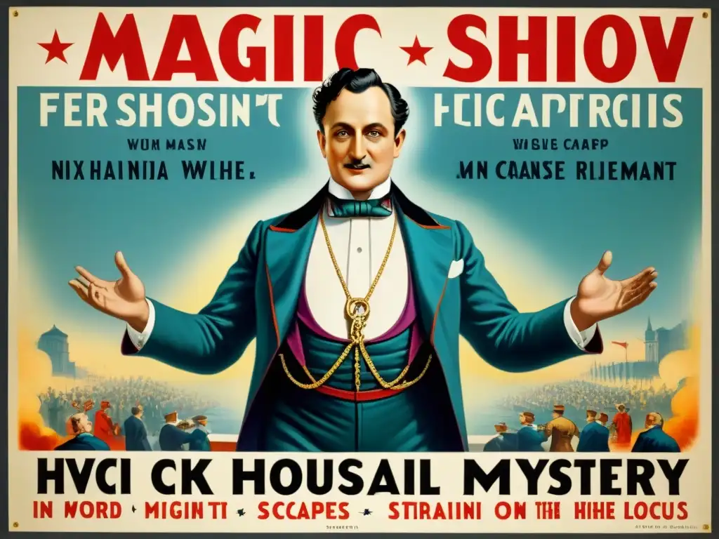 Un cartel vintage detallado de magia con Houdini escapando, ilustraciones vibrantes y tipografía audaz