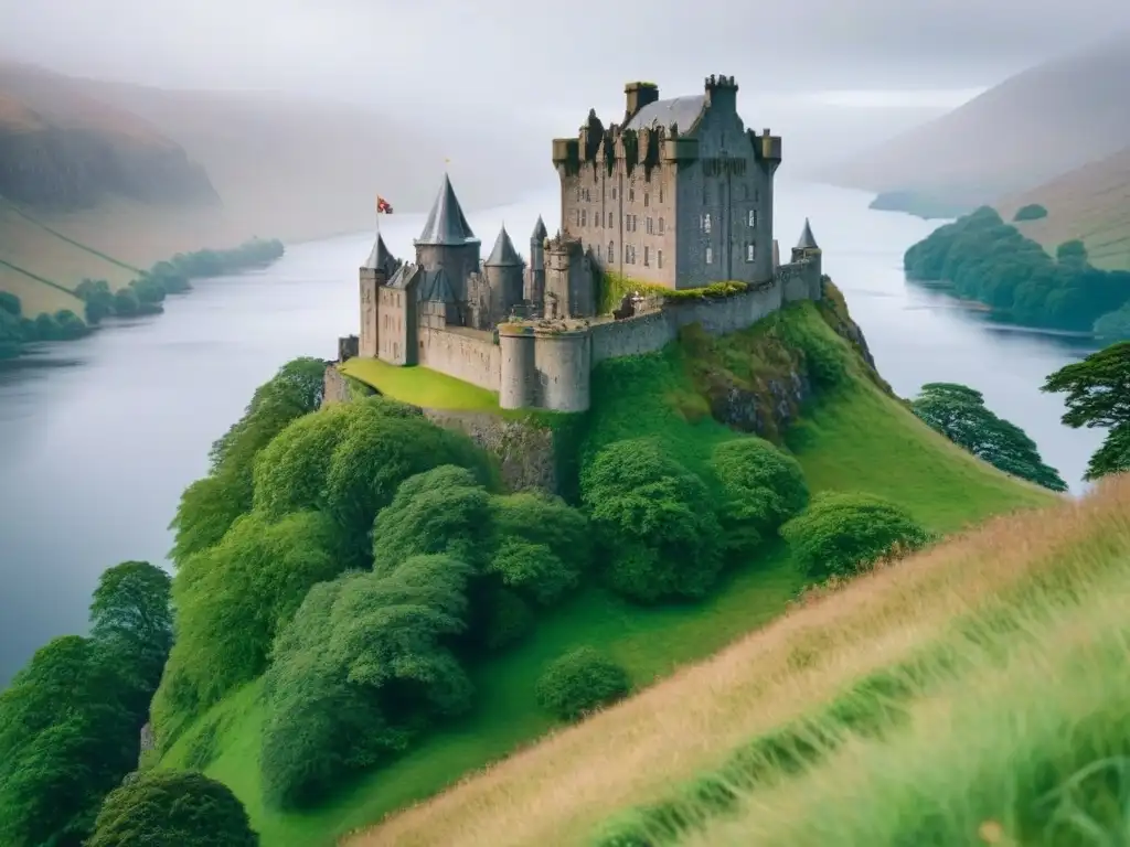 Castillo escocés majestuoso en acantilado con lago sereno y montañas brumosas