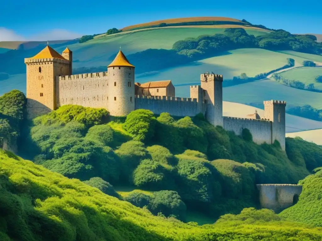 Un castillo medieval gallego con el nombre 'Vázquez' integrado en sus muros de piedra, rodeado de exuberante vegetación