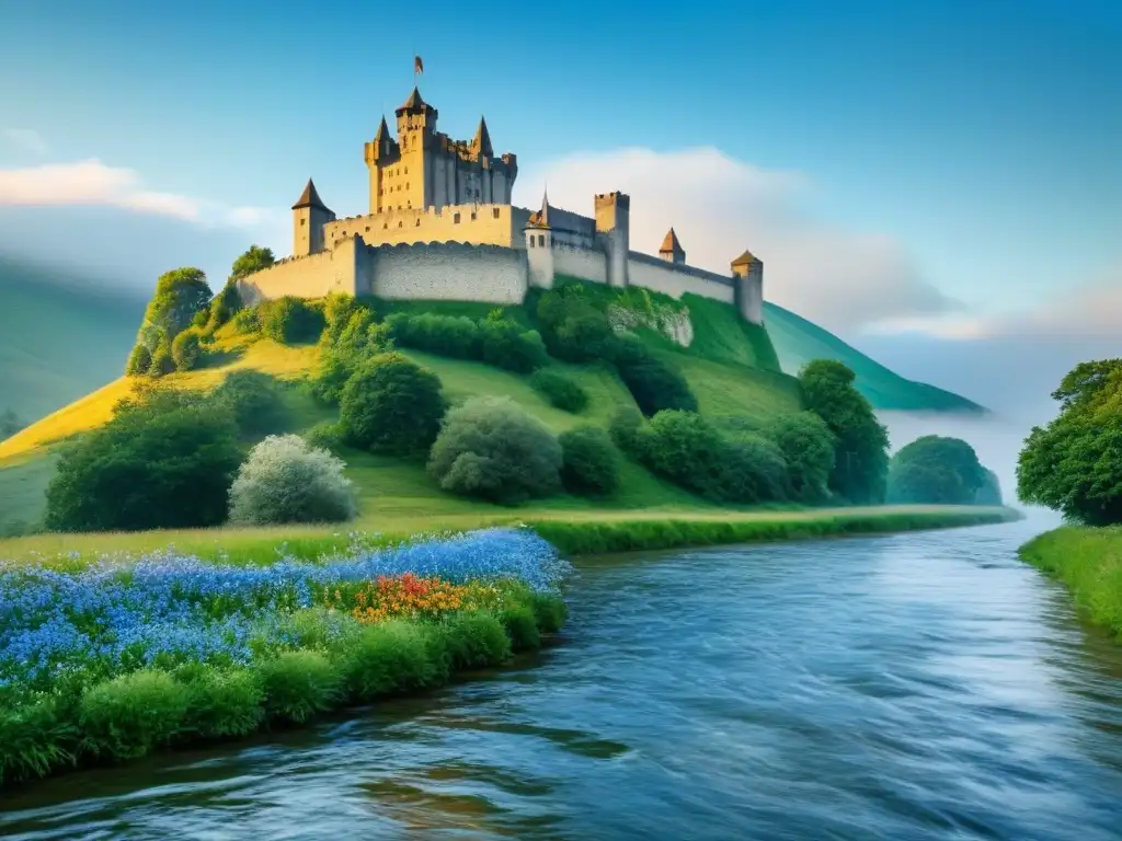 Un castillo medieval imponente en una colina verde, río y montañas al fondo