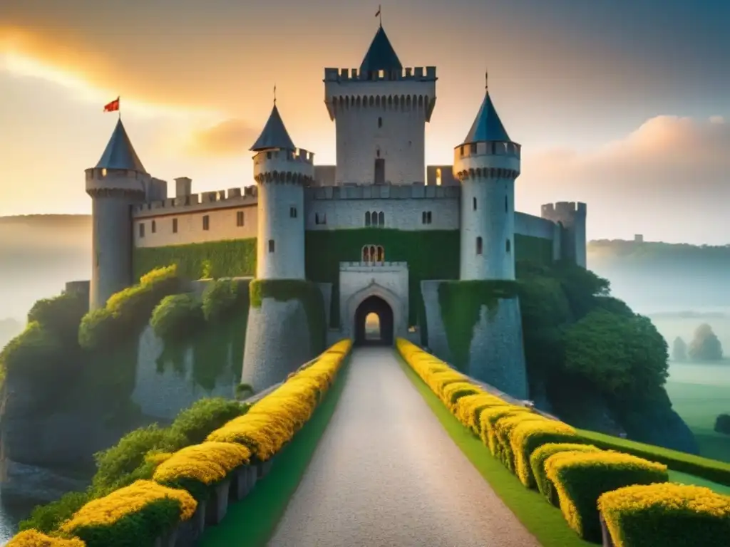 Un castillo medieval majestuoso rodeado de exuberante vegetación, con torres de piedra, puente levadizo y banderas ondeando al viento, bajo una cálida luz dorada al atardecer