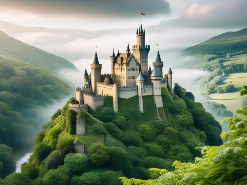 Un castillo medieval rodeado de un bosque, con un dragón volando en el cielo nublado