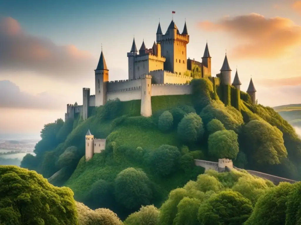 Castillo medieval rodeado de naturaleza exuberante y detallados detalles arquitectónicos, en un pueblo medieval bajo un cálido atardecer