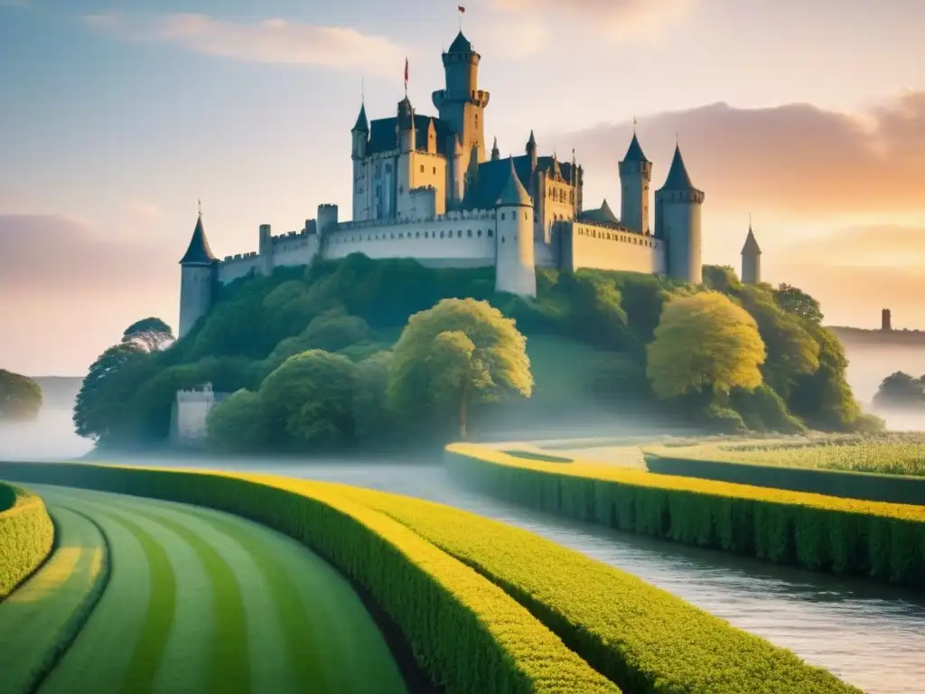 Castillo medieval con torres altas, río serpenteante y cielo vibrante al atardecer