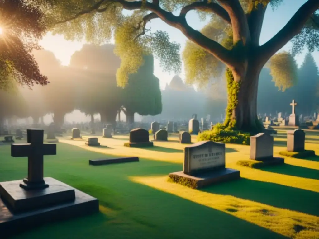 Un cementerio antiguo con lápidas entre árboles, bañado por la luz del sol