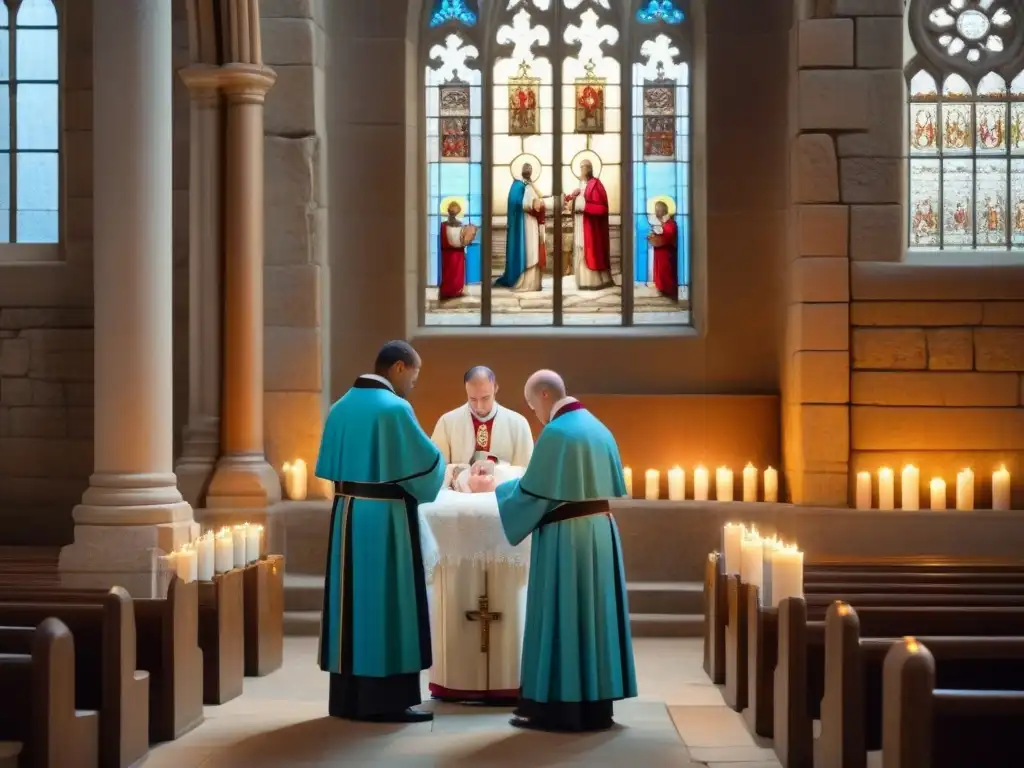 Una ceremonia de bautizo en una iglesia del siglo XVIII, con una atmósfera solemne y espiritual