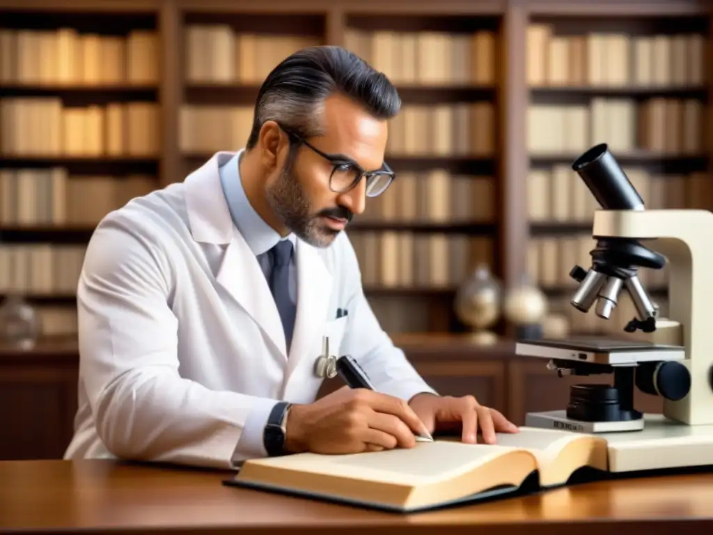 Científico examina ADN bajo microscopio rodeado de libros antiguos y instrumentos científicos