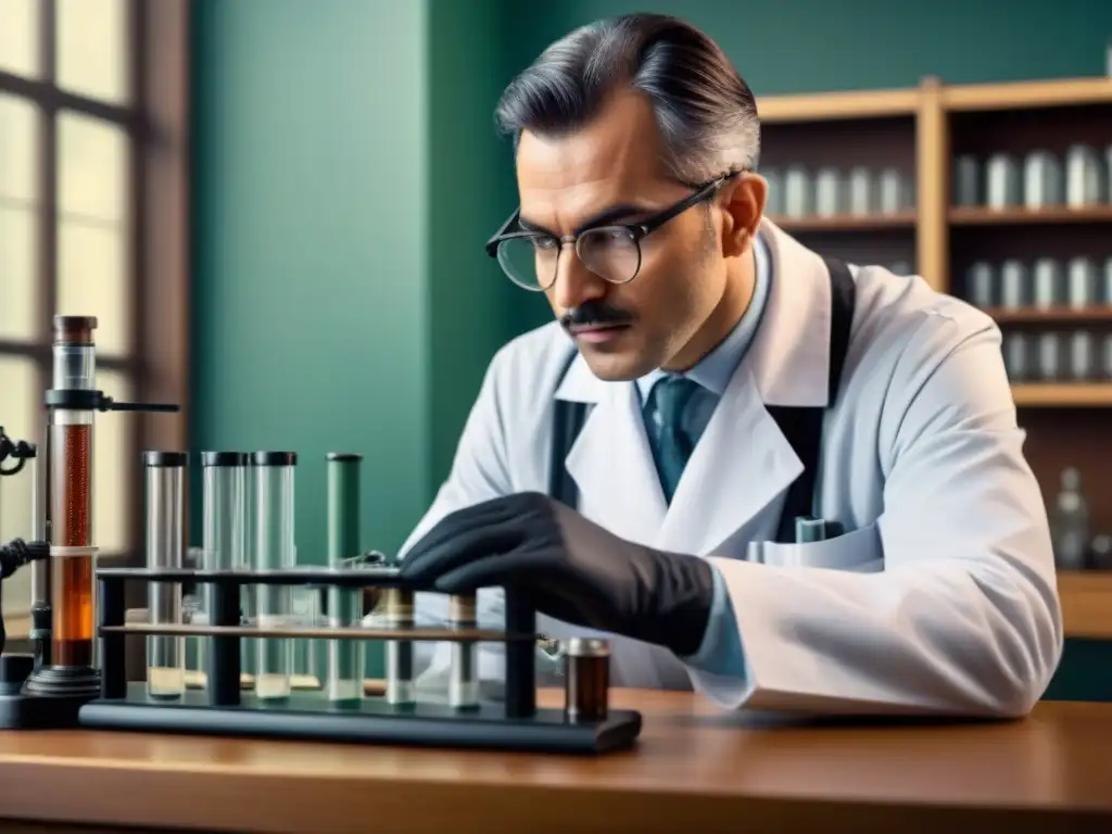 Un científico examina cuidadosamente una estructura de ADN en un laboratorio vintage, rodeado de equipo científico antiguo