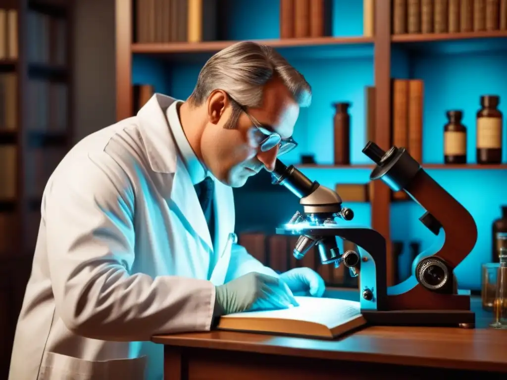 Un científico en un laboratorio analiza ADN bajo microscopio, rodeado de equipo científico antiguo