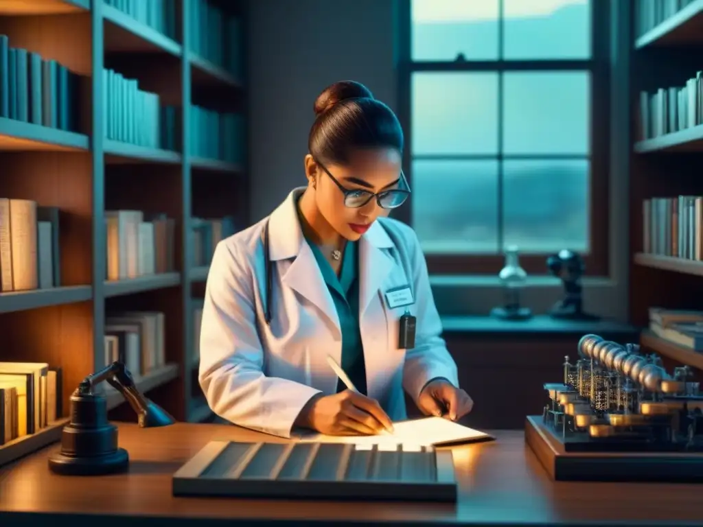 Un científico en su laboratorio, realizando secuenciación de ADN para genealogía entre estantes de libros antiguos y equipo científico