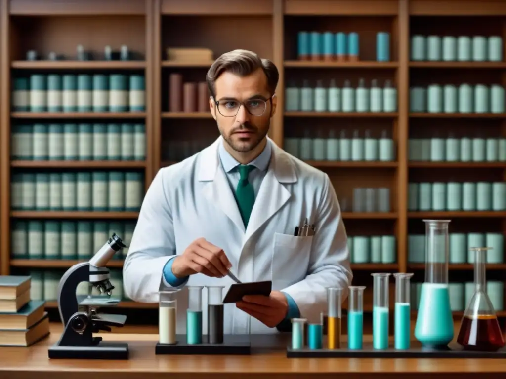 Un científico en su laboratorio realizando pruebas de ADN rodeado de equipamiento científico antiguo como tubos de ensayo y microscopios