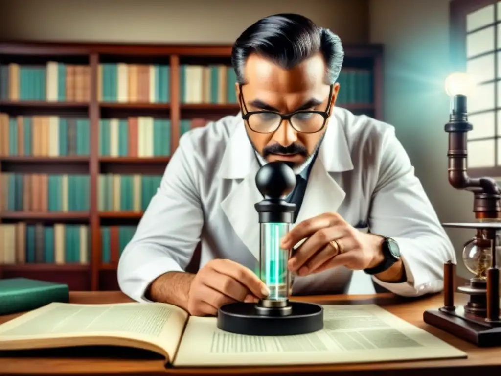 Un científico examina un ADN bajo lupa en un laboratorio vintage, rodeado de equipo antiguo