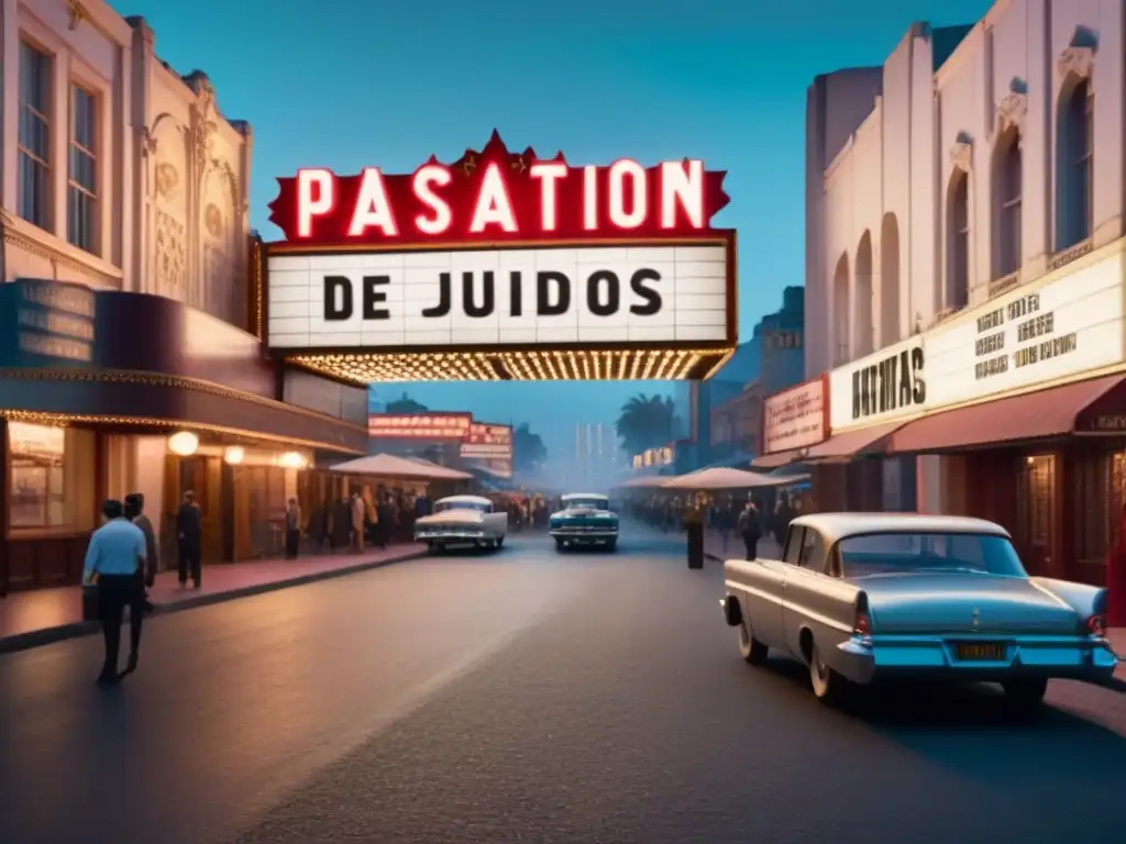 Marquee de cine vintage iluminado con 'Representación apellidos judíos cine televisión' en luces brillantes, rodeado de luz Hollywood clásica