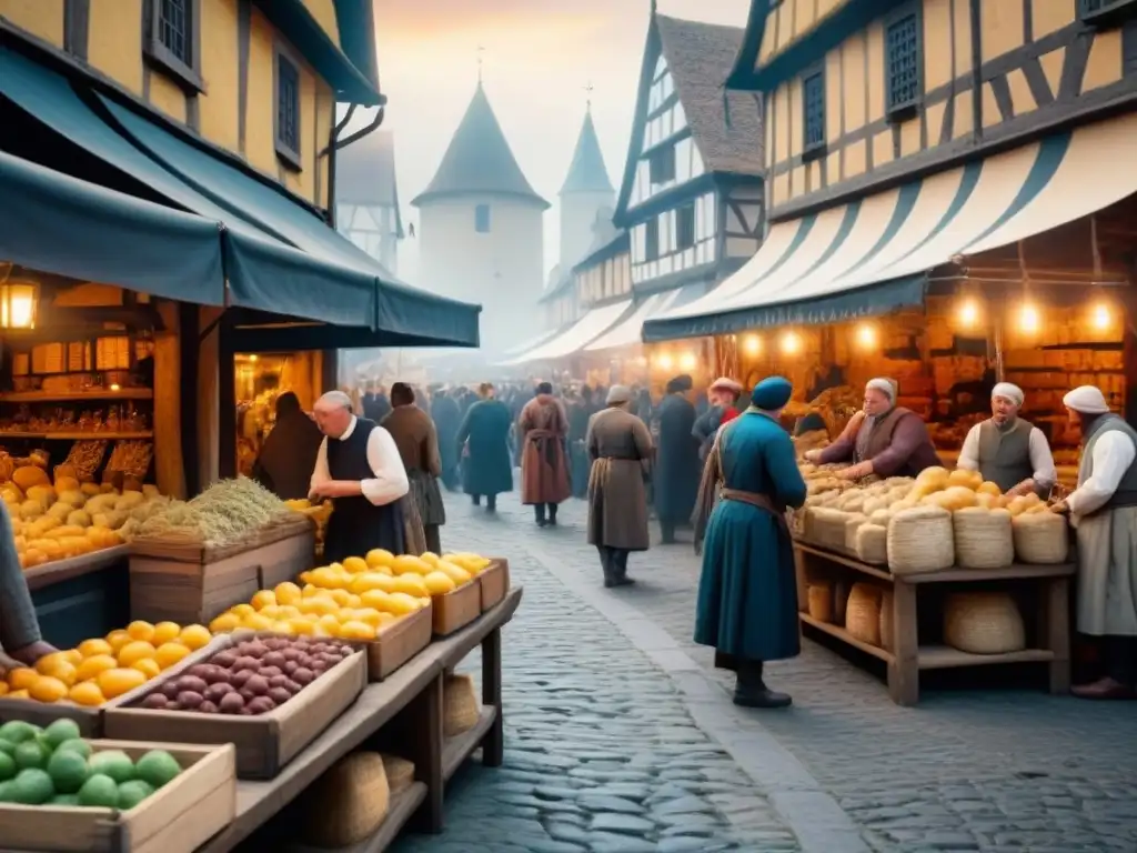 Colorida escena histórica de un bullicioso mercado medieval, con diversidad cultural y arquitectura europea