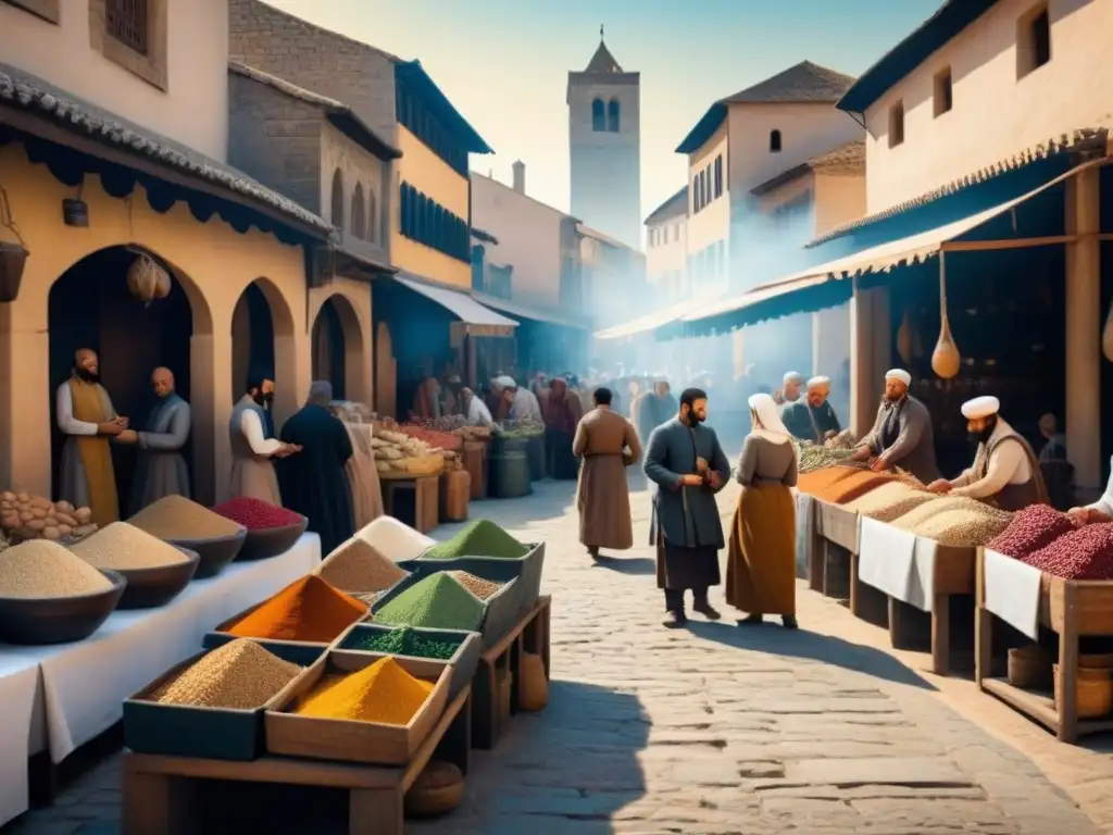 Colorida escena de mercado medieval en Iberia con origen judíos sefardíes apellidos ibéricos