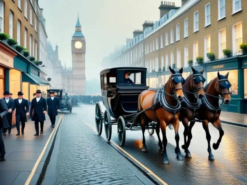 Comparativa registros históricos británicos: Ilustración detallada de una bulliciosa calle victoriana en Londres, con carruajes y elegantes peatones