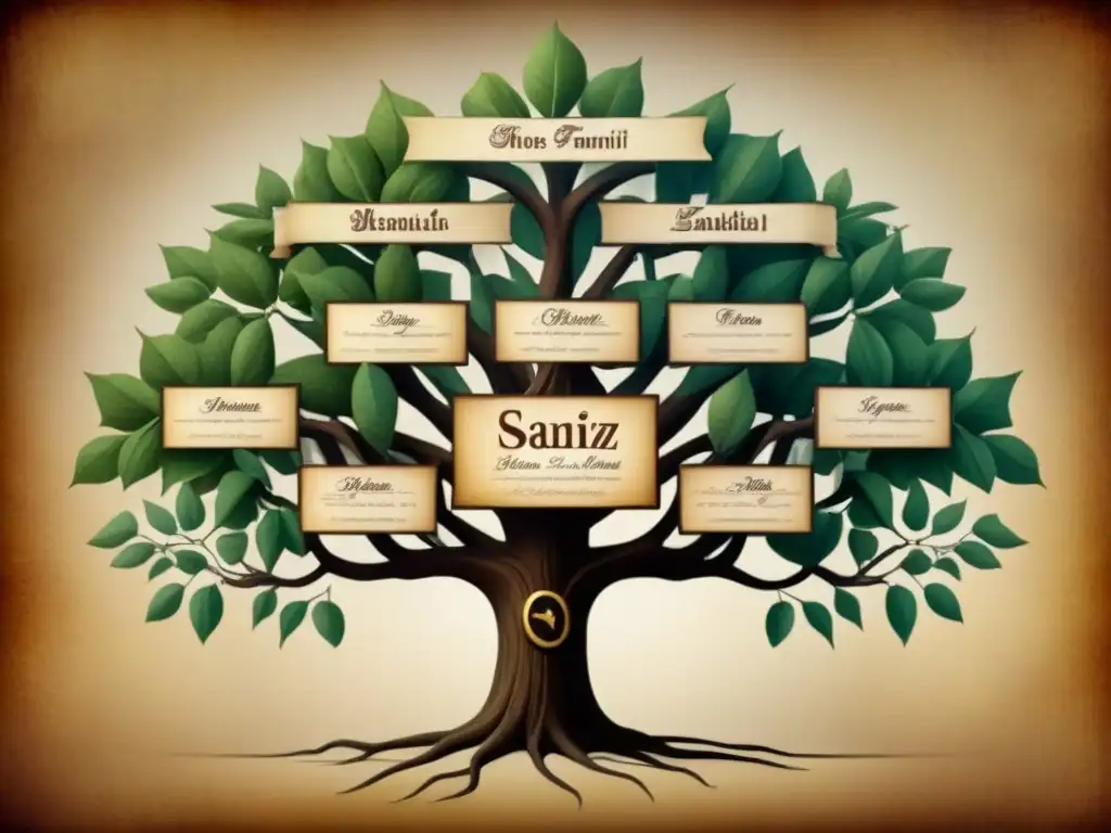 Una compleja ilustración vintage del árbol genealógico de la familia Sanz, con ramas que muestran un legado artístico único