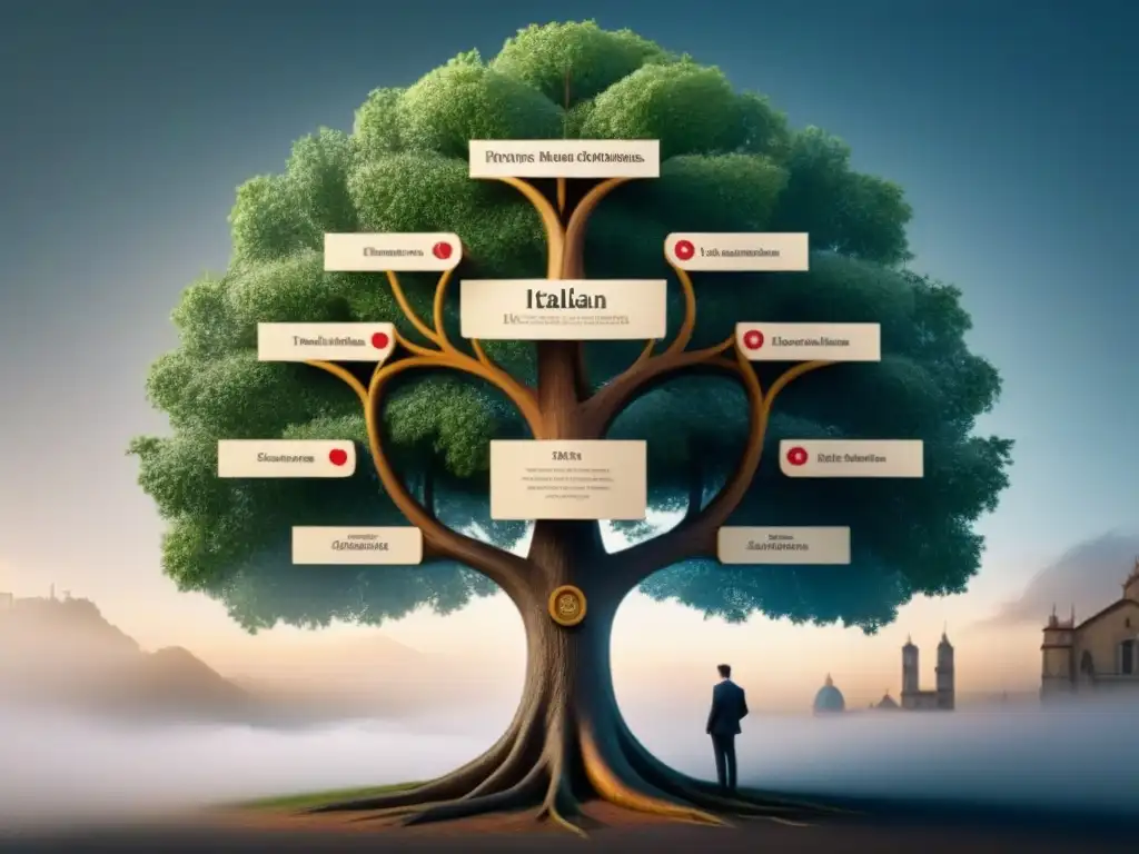 Un complejo diagrama de árbol genealógico mostrando las conexiones entre apellidos italianos y franceses que comienzan con la letra 'B'