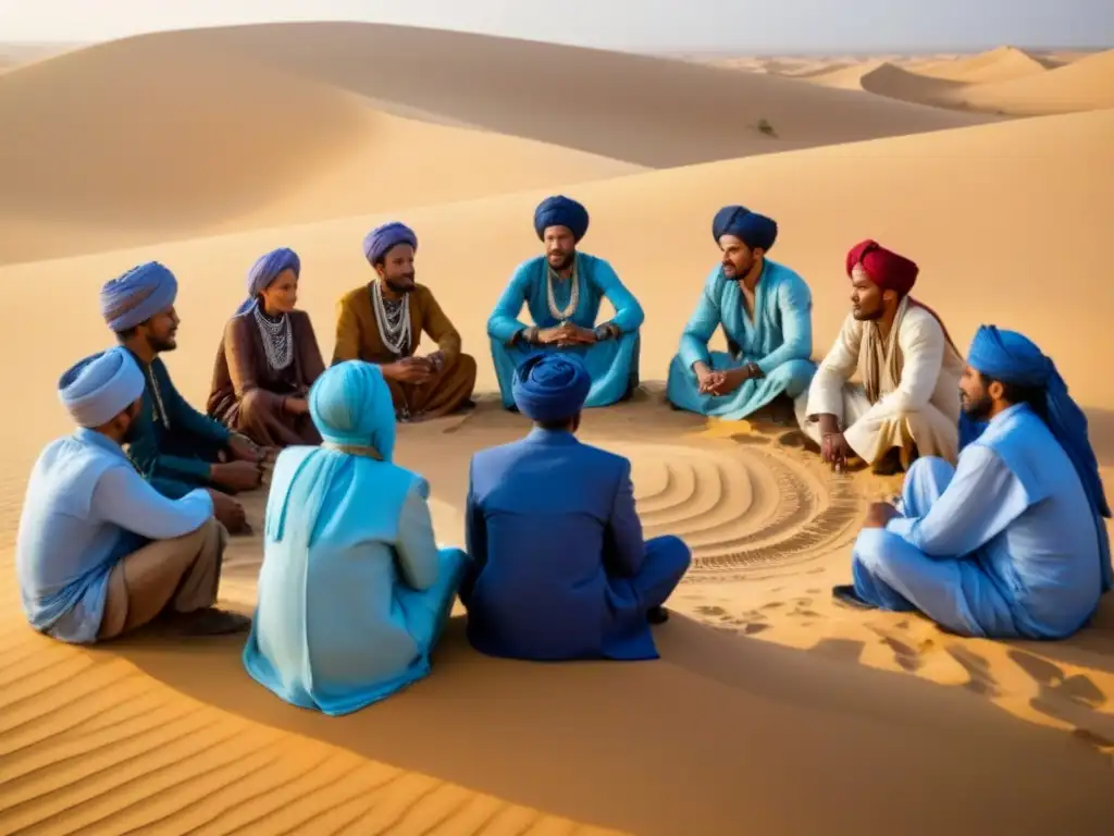 Una comunidad tuareg en el Sahara, vistiendo trajes tradicionales, en un círculo en las dunas, transmitiendo historia y orgullo cultural