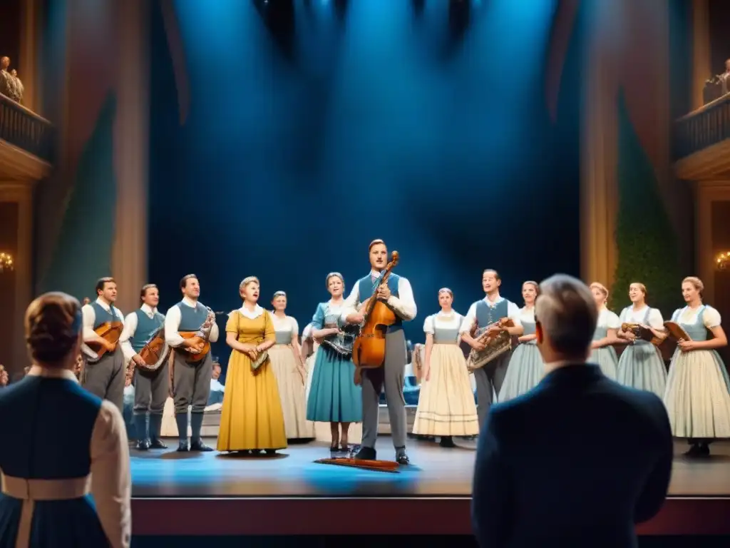 Concierto épico de la familia Von Trapp en escenario, con icónicos trajes y armoniosa música