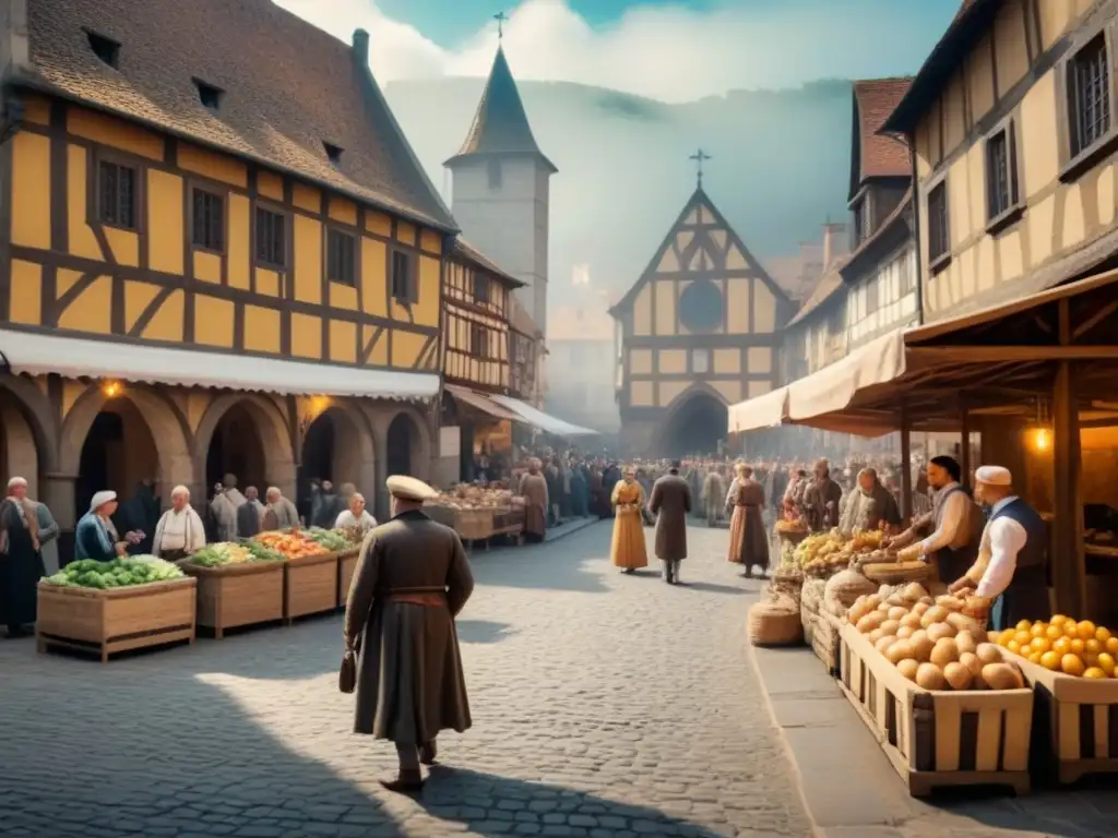 Concurrido mercado medieval en una plaza histórica, con vendedores y una fuente de piedra