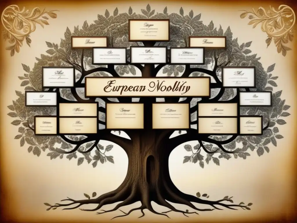 Conexiones genealógicas entre apellidos nobiliarios: Detallado árbol genealógico vintage de familias nobles europeas