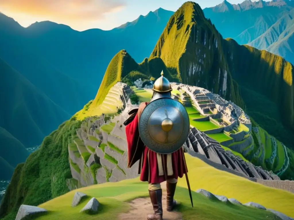 Exploración de Pizarro en los Andes: Conquista de Machu Picchu La ilustración detalla a Francisco Pizarro liderando a sus conquistadores en los Andes, con Machu Picchu al fondo