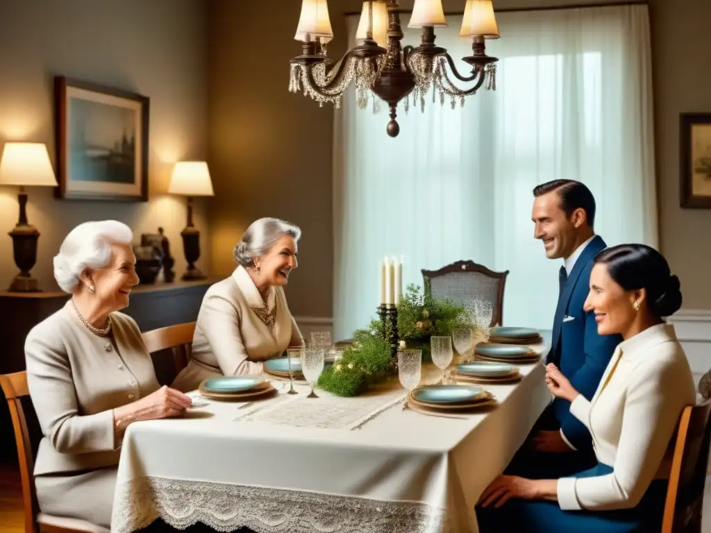 Una fotografía vintage meticulosamente conservada muestra a una familia reunida alrededor de una gran mesa, disfrutando de la conversación y la risa