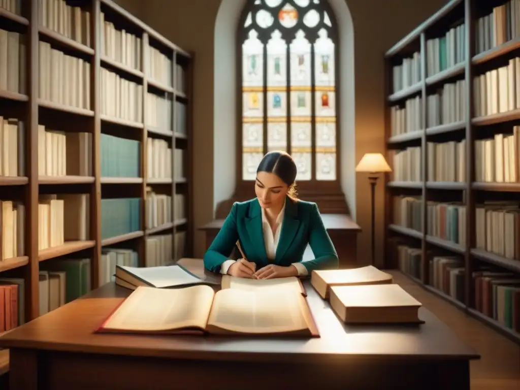 Un consultor de genealogía de idiomas desentraña raíces lingüísticas en una biblioteca vintage llena de libros antiguos en múltiples idiomas