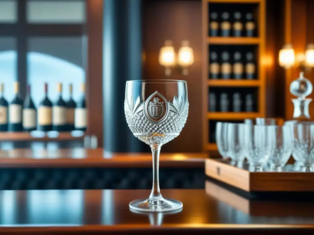 Un cristal de vino vintage con grabados heráldicos, en un elegante bar con accesorios personalizados