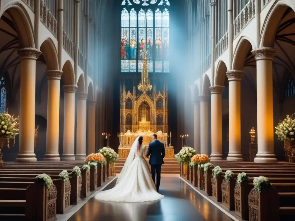 Cuadro vintage detalla boda noble en catedral: vestidos medievales y decoración lujosa