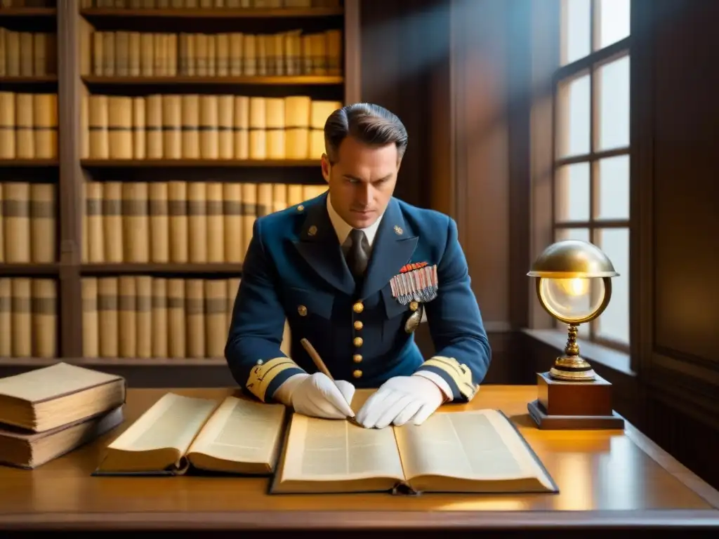 Un cuarto de archivo militar vintage repleto de libros antiguos y documentos, con una atmósfera de historia y descubrimiento