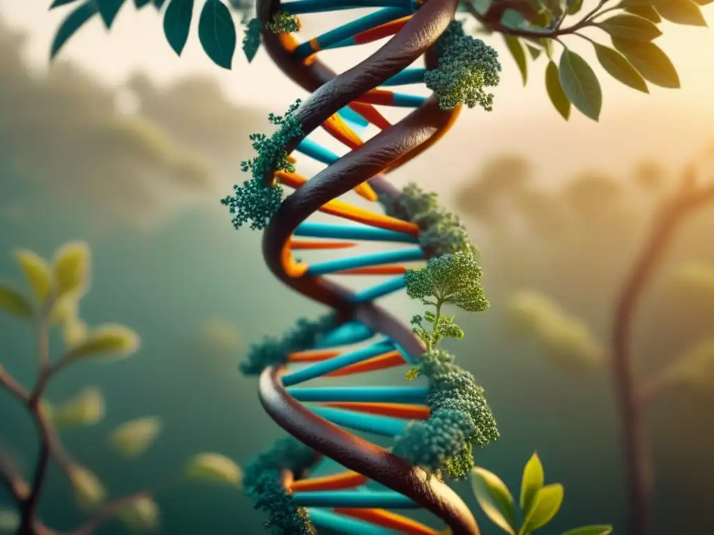 Ilustración detallada de un ADN entrelazado con un árbol genealógico, fusionando genética y genealogía