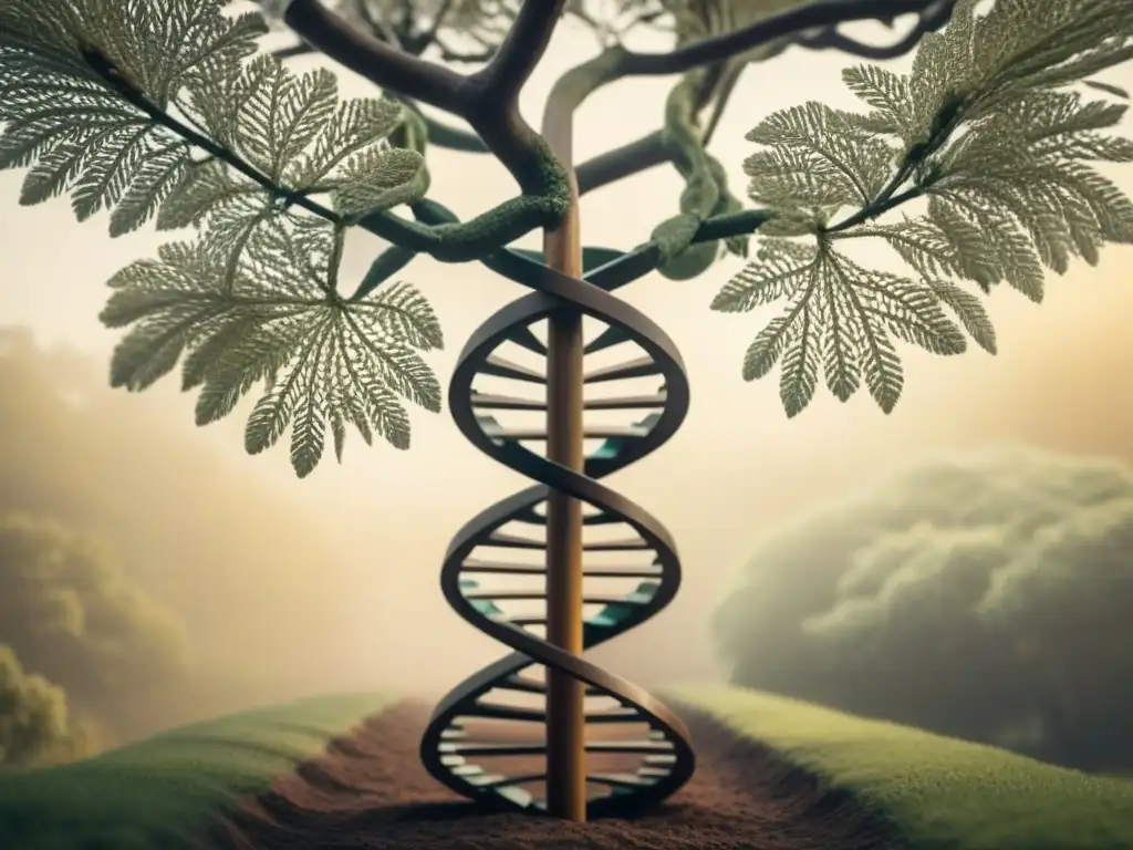 Ilustración vintage detallada de un ADN entrelazado con un árbol genealógico, fusionando la genealogía con el ADN y apellidos